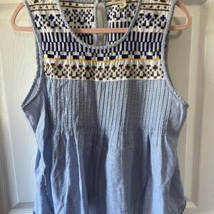 Lucky Brand Embroidered Blue Sleeveless Cotton Top